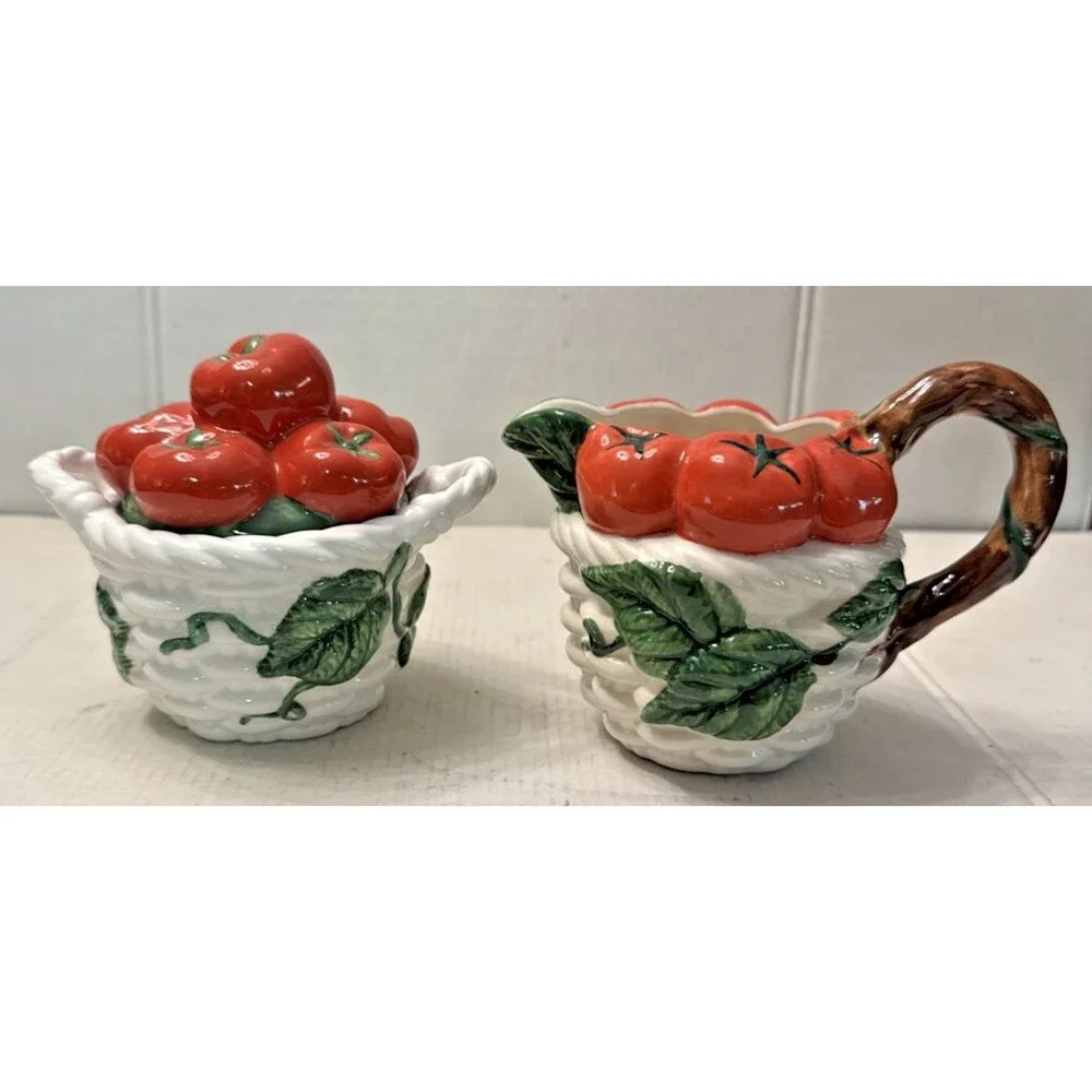 FITZ & FLOYD Tomatoes On The Vine SUGAR BOWL and CREAMER SET Vintage 1992 MINT